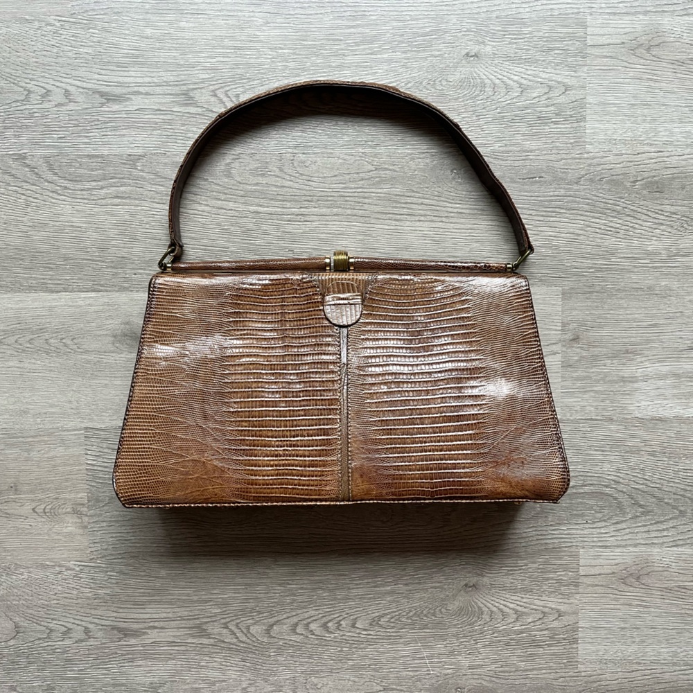 Vintage Tegu Reptile Trapezoid Handbag with Gold Clasp and inside pockets, feet